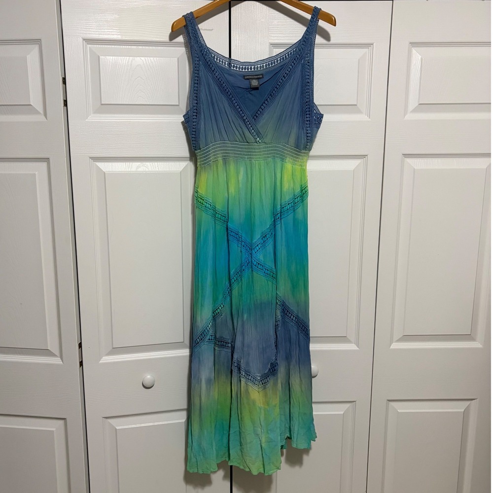 Chelsea & Theodore Dress Womens XL Blue Green Tie Dye Lace Trim Boho Core